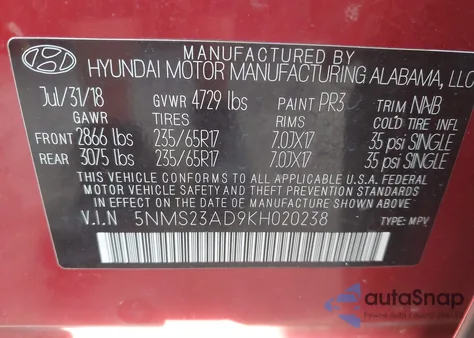 2019 Hyundai Santa Fe Se from USA, damaged, VIN 5NMS23AD9KH020238